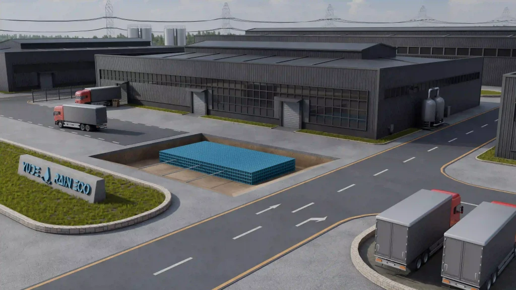 Unterhalb einer Fabrik und eines Logistikzentrums wurde das unterirdische Regenwassermanagementsystem YDRE StormBreaker® installiert, das Rückhaltung, Versickerung und Hochwasserschutz für die industrielle Infrastruktur bietet.